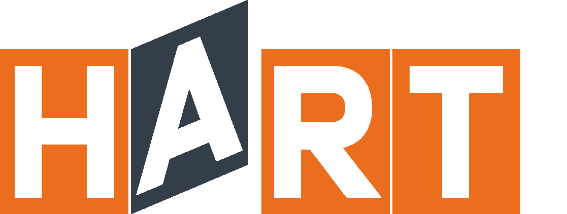 Logo of HART, featuring bold letters in orange and dark gray, emphasizing the brand name for effective recognition and branding.