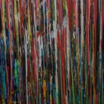 Varinia's artwork -Abstract painting featuring vibrant vertical streaks in red, green, yellow, and black, with layered textures and glossy finishes. The composition creates a dynamic visual flow, showcasing a blend of colors and patterns.