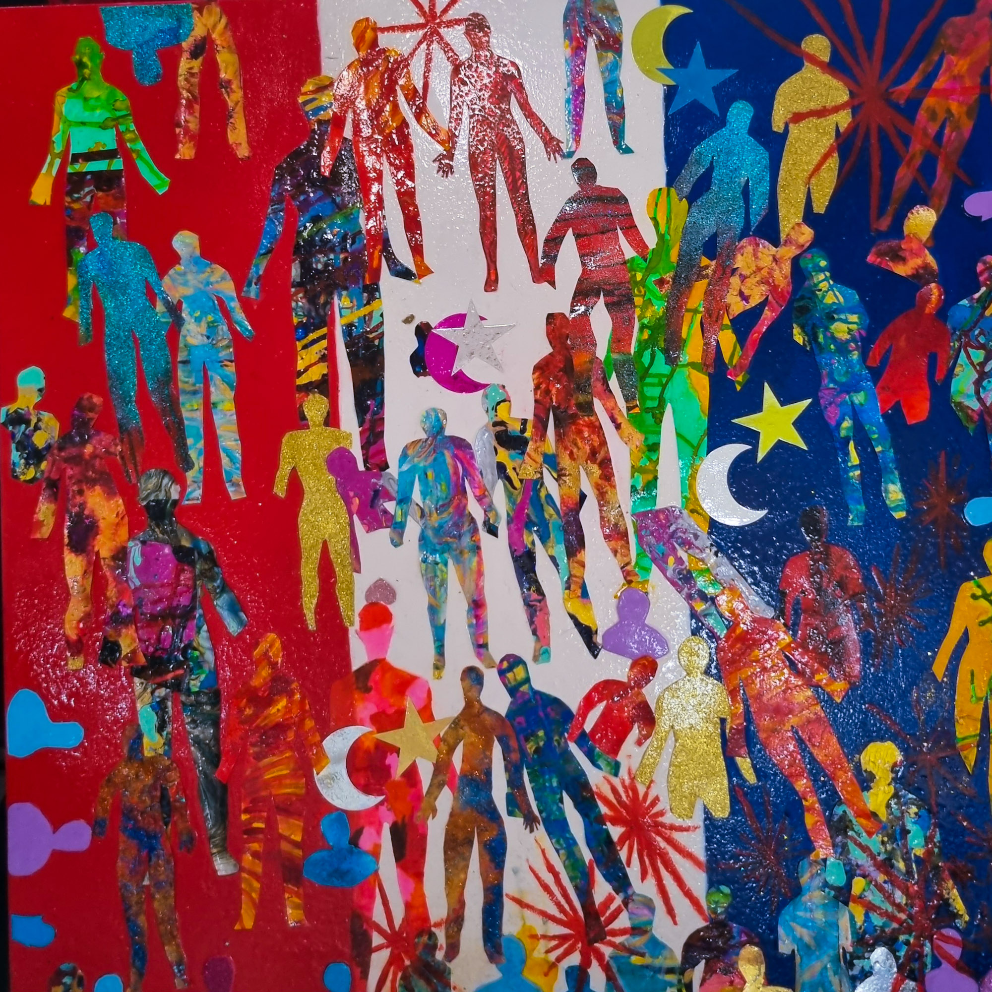 Varinia's artwork -Colorful abstract artwork featuring silhouettes of diverse figures in various hues, including red, blue, green, and yellow, against a vibrant background. The figures display a range of colors and patterns, with some holding hands, symbolizing unity and diversity.