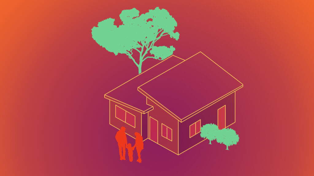 Illustration of a family standing outside a house with trees in the background