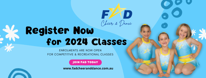 Promotional image for FAD Cheer & Dance featuring a young girl in a light blue dance outfit. The text highlights enrollment for 2024 competitive and recreational classes, with a call to action to join FAD today. The background is a vibrant blue with the FAD logo prominently displayed.