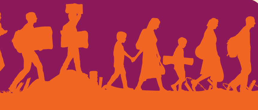 Image depicts a silhouette of a diverse group of people walking together. The group includes individuals of various ethnicities and ages, showcasing a woman wearing a long dress, a man in a shirt and trousers, and a child holding hands with an adult. The scene represents community support and solidarity.