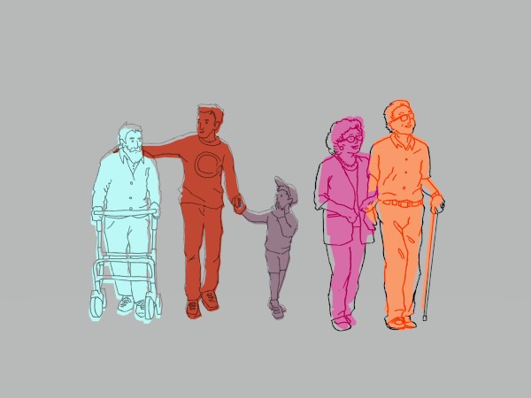 A group of four figures walking hand in hand, representing family or community connections. The first figure on the left is an elderly person in light blue clothing, appearing content. Next, a young child in dark clothing holds hands with a figure in red clothing, who looks happy. The third figure, wearing pink clothing, is an older adult with a cane, showing a gentle smile. The final figure on the right is a man in orange clothing, standing confidently.