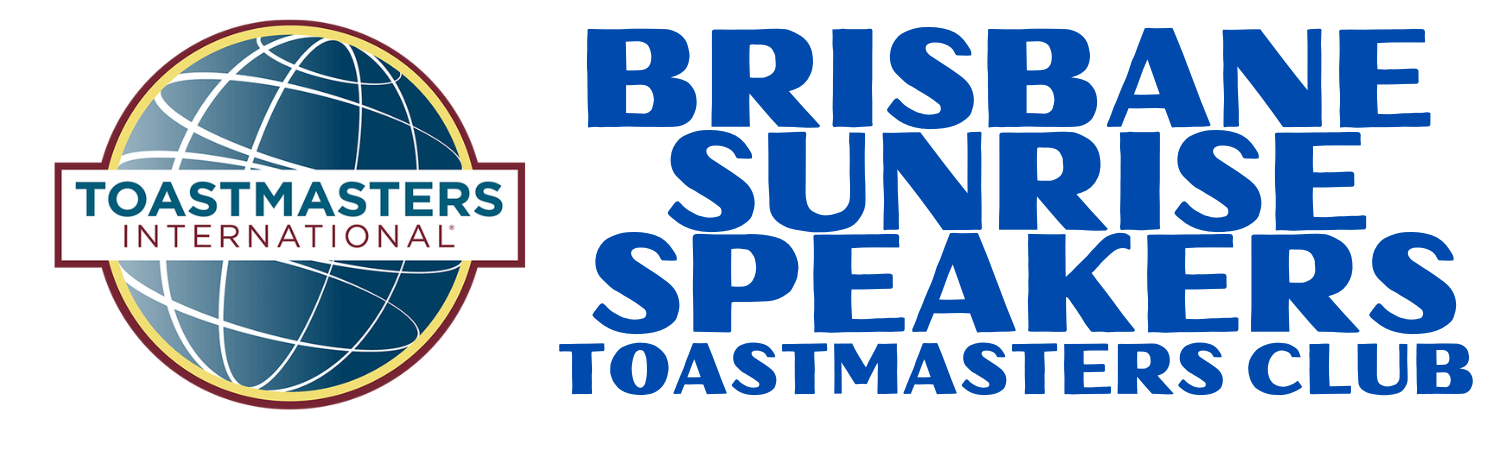 Logo of Brisbane Sunshine Speakers Toastmasters, featuring bold blue text on a white background, emphasizing public speaking and communication skills development.