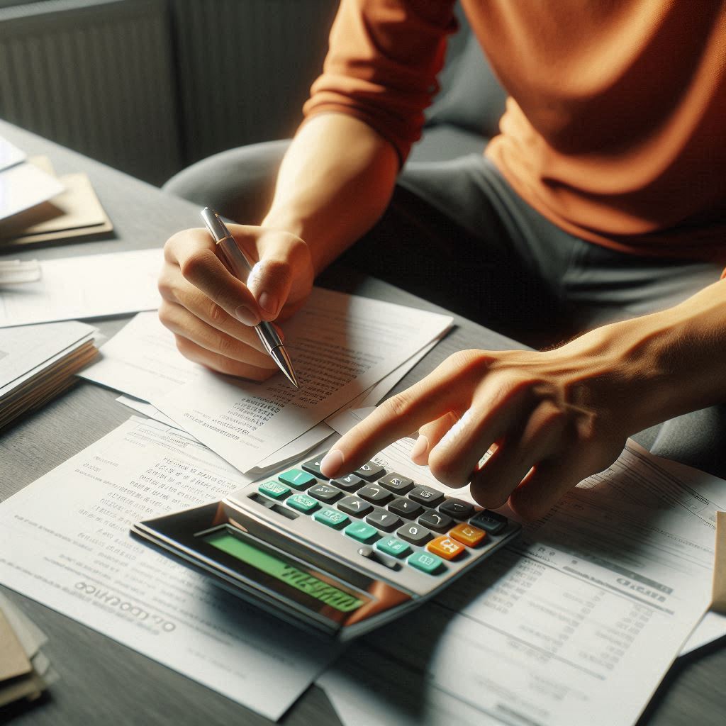 A person wearing an orange shirt is using a calculator while writing notes on a stack of papers. The focus is on their hands as they press buttons on the calculator.