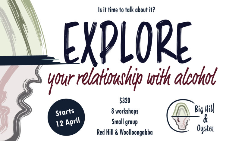 Promotional graphic for a workshop series titled "Explore Your Relationship with Art," featuring details about the event including the start date of April 12, location in Red Hill and Woolloongabba, and pricing of $330 for eight workshops. The design includes illustrations of art-related elements but does not depict any people.