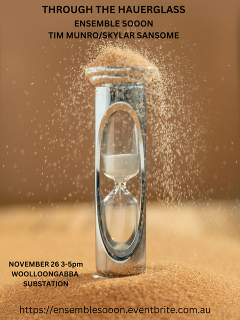 A close-up of a silver hourglass with sand flowing through it, set against a blurred background. The image includes promotional text for an event on November 26 from 3-5 PM at Woolloomooloo.