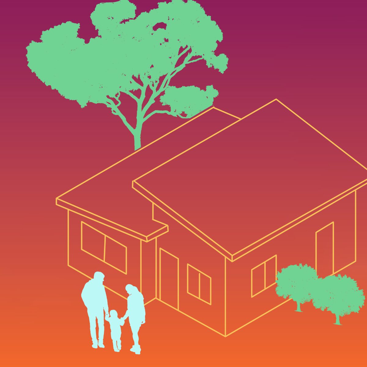 Illustration of a modern house with a vibrant orange and purple background, featuring silhouettes of a family—two adults and a child—standing together near a tree.