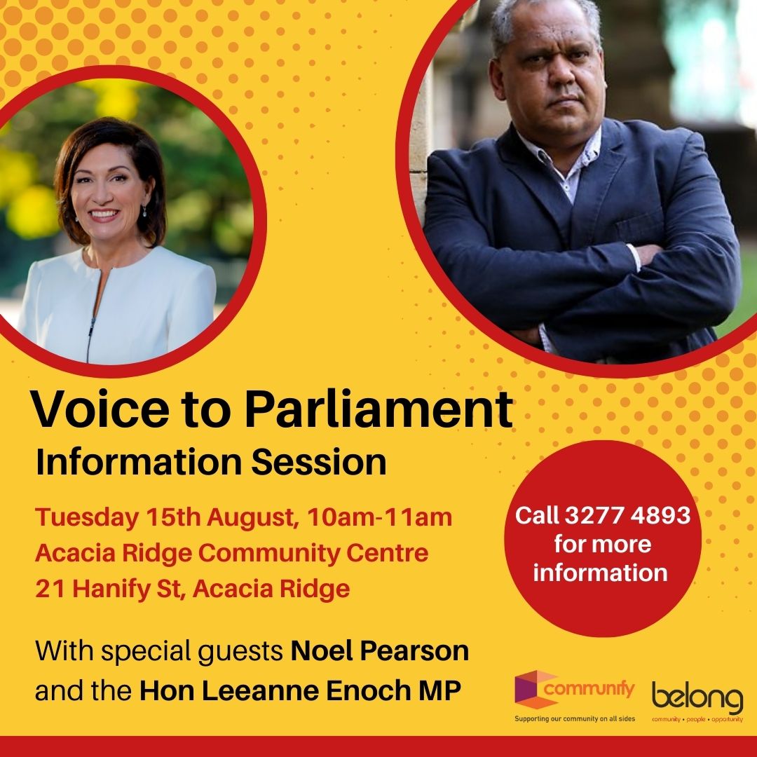 Promotional image for the "Voice to Parliament" information session featuring details about the event, including date, time, and location. The image includes two speakers: a woman with long black hair wearing a white top, smiling, and a man with gray hair in a dark suit, looking serious. The background includes vibrant colors and contact information for further inquiries.