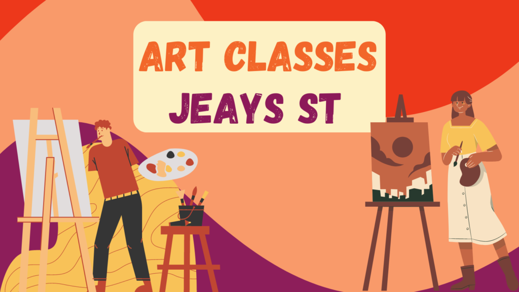 Illustration promoting art classes at Jays Street, featuring a person with dark skin and curly hair, wearing a red shirt and blue jeans, holding a painter's palette. The background includes an easel and colorful paint splashes.