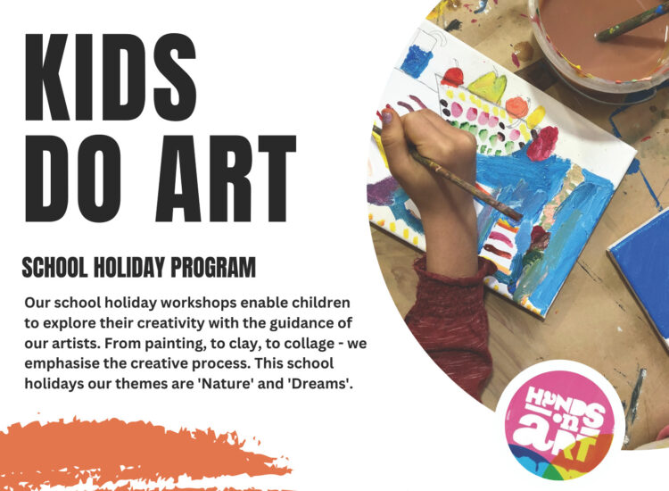 A child with brown skin is painting on a canvas, using bright colors. The child is focused and engaged in their artwork. The image promotes a holiday art program for kids, highlighting themes of 'Nature' and 'Dreams'.