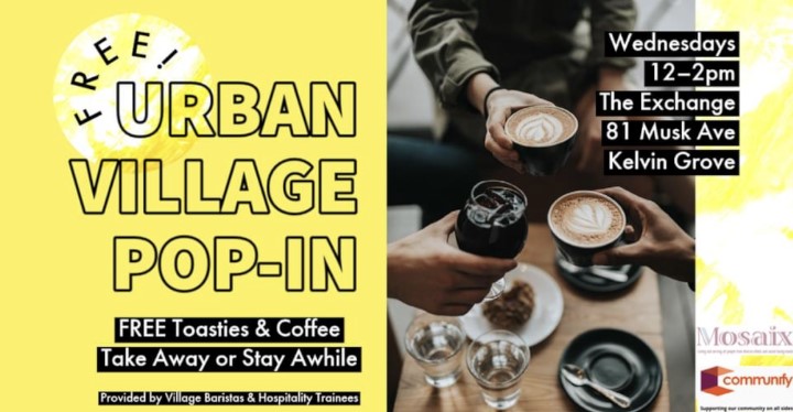 Image of a coffee shop scene featuring hands of diverse individuals holding various beverages, including a latte and a glass of cold brew. The background includes a bright yellow sign that reads "Urban Village Pop-In," promoting pastries and coffee. The individuals display casual clothing, emphasizing a relaxed atmosphere.