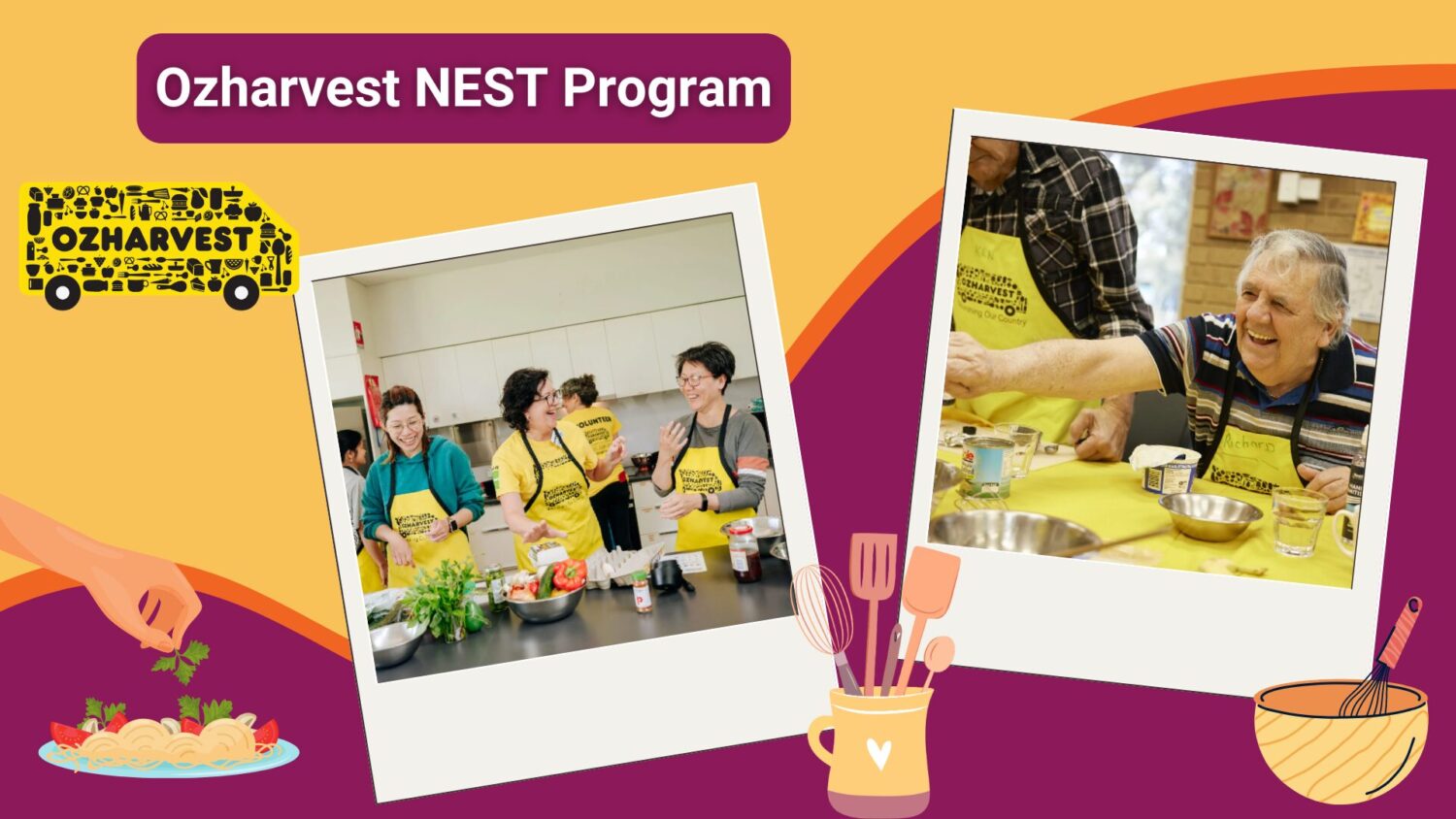 Participants in the Harvest NEST Program engage in a cooking activity, wearing bright yellow aprons. Two women, one of Asian descent and the other of Caucasian descent, are smiling while preparing food.