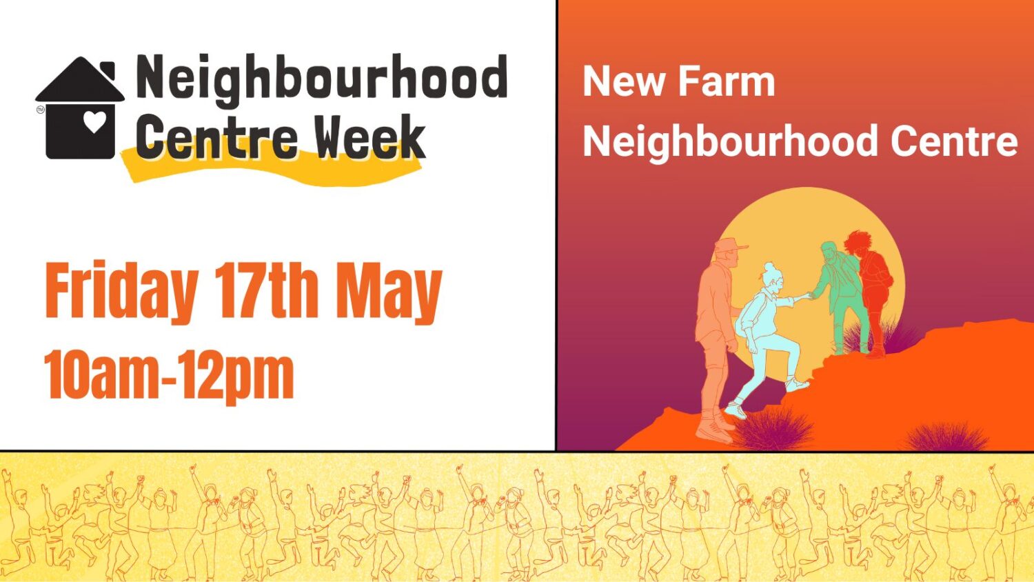 Event promotional banner for Neighbourhood Centre Week, featuring dates and times. The design includes vibrant colors and illustrations related to community activities.