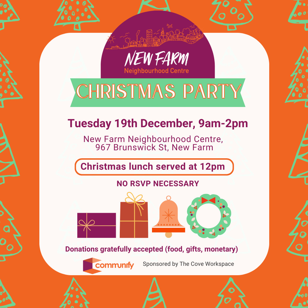 Christmas party invitation for New Farm, featuring details such as the date (19th December), time (9am-2pm), and note that Christmas lunch is served at 12pm. The background is festive with orange and holiday-themed decorations.