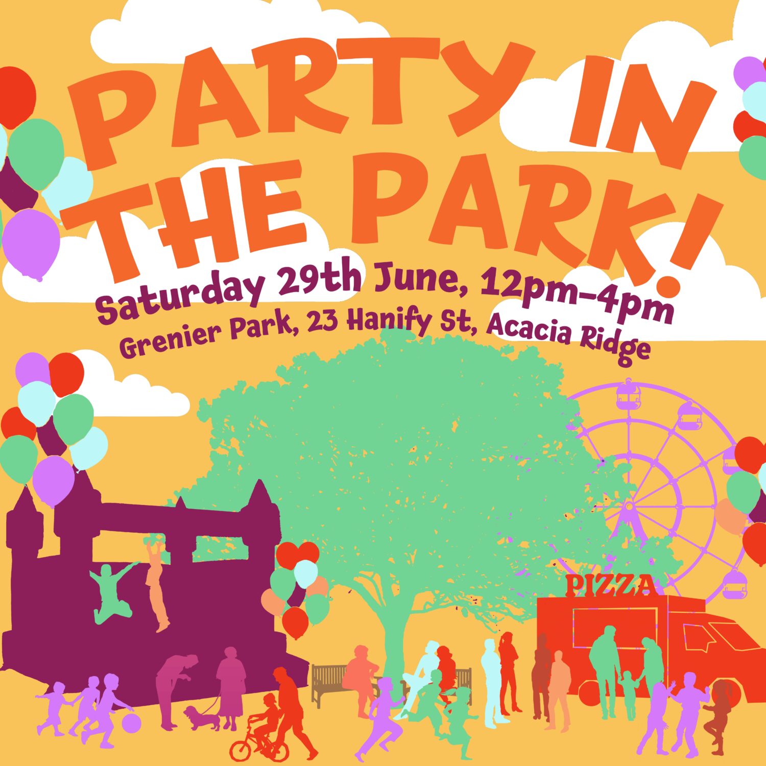 Colourful promotional poster for a Party in the Park event, featuring bold text and playful graphics. The date is Saturday, June 29th, from 12 PM to 4 PM at Grenier Park, 23 Manly St, Acacia Ridge. The design includes balloons, a ferris wheel, and silhouettes of people enjoying the festivities.