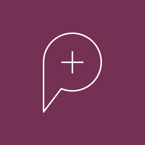 Circular logo design featuring a white plus sign inside a speech bubble shape, set against a deep burgundy background.