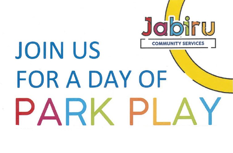 Graphic promoting a community event titled "Join Us for a Day of Park Play," featuring colorful text in blue, green, orange, and pink. The logo for Jabir Community Services is displayed prominently.