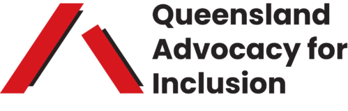 Logo of Queen Advocacy for Inclusion, featuring a stylized red triangle and bold black text.