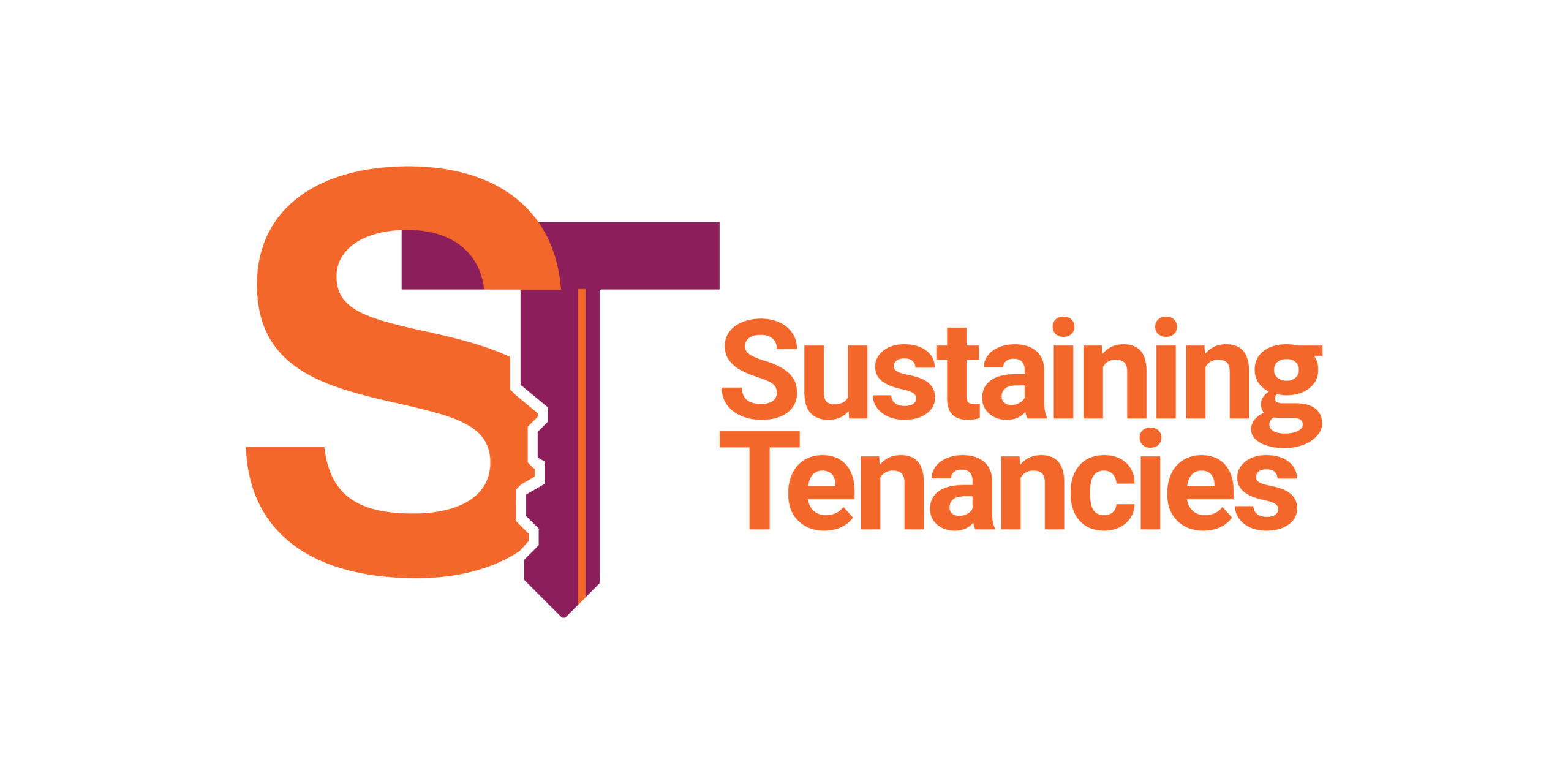 Logo of Sustaining Tenancies featuring stylised text in orange and purple colours, with a key incorporated into the logo