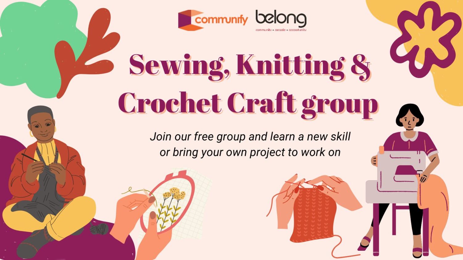 Illustration promoting a Sewing, Knitting, and Crochet Craft group, featuring people engaged in crafting activities. One hand holds a crochet hook with yarn, while the other displays a sewing project. The background includes text inviting participation in the group.