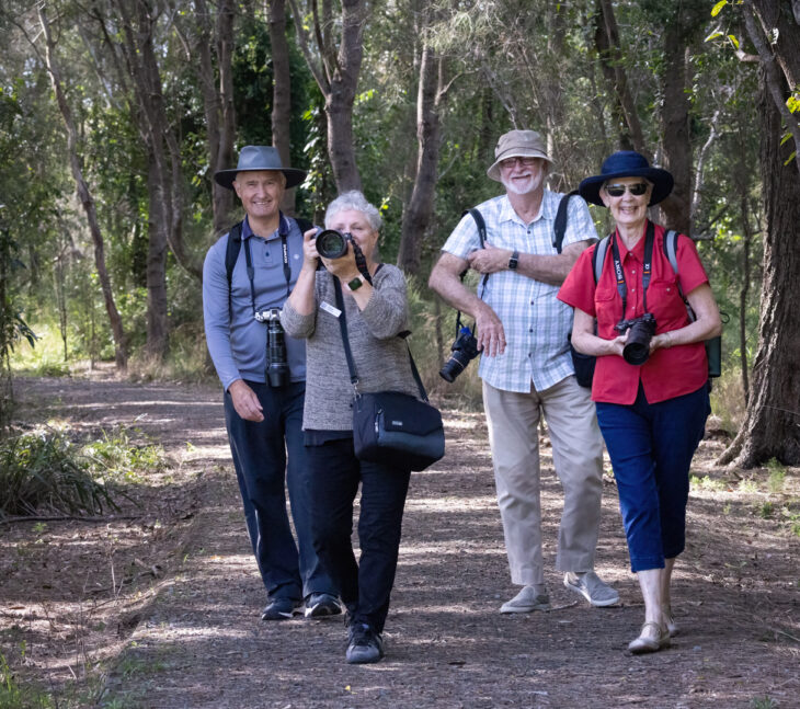 Group of four older people walking on a path in a wooded area. All are smiling at the camera with various camera equipment slung over their necks. The first person, an older man with gray hair, is wearing a gray shirt and a hat. The second person, a woman with short gray hair, is dressed in a gray sweater and is smiling while taking a photo. The third person, a middle-aged man with light hair, is wearing a checked shirt and white pants. The fourth person, a woman with dark hair, is dressed in a red shirt and blue pants, wearing a hat.