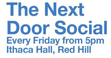 Text graphic announcing the next indoor soccer event every Friday from 5 PM to 7 PM at Jessica Hall, Red Hill.