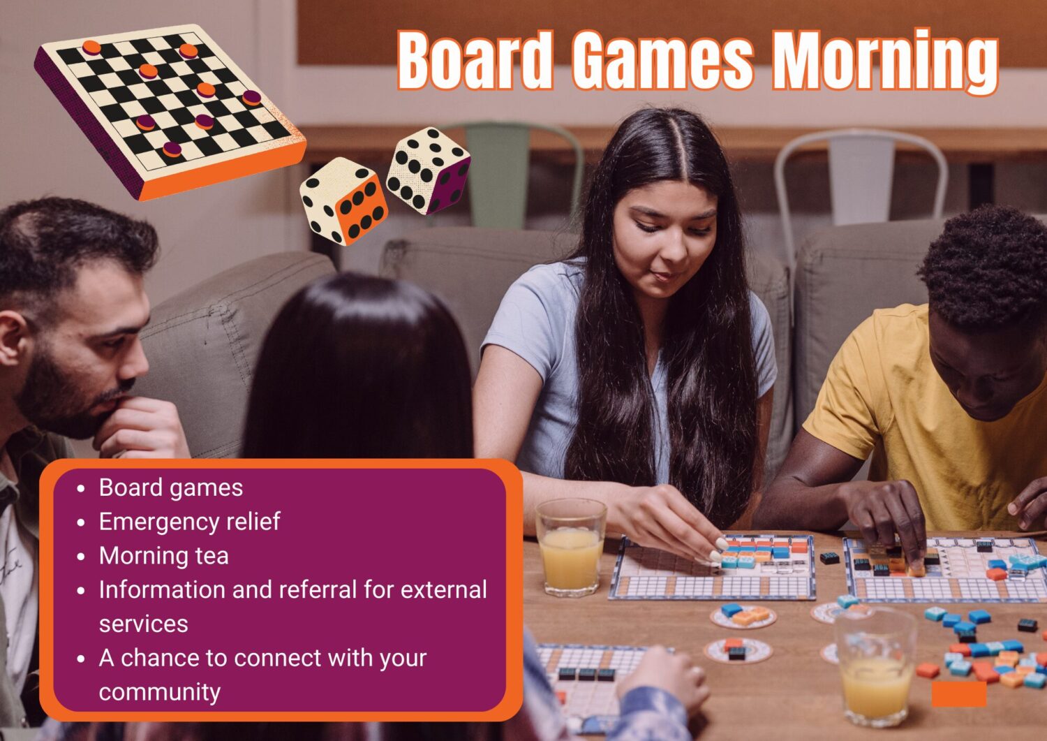 Group of diverse individuals engaged in a board game session, featuring a young South Asian woman with long black hair wearing a light blue shirt, focusing intently on the game. A person with long black hair in the foreground and another individual with short hair are also visible, with expressions of concentration and enjoyment. The table is filled with game pieces and snacks, highlighting a community gathering.