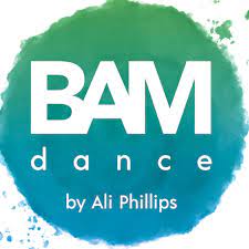 Logo for BAM Dance by Ali Phillips featuring a vibrant blue and green circular design with bold white text. The design emphasizes movement and creativity in dance.