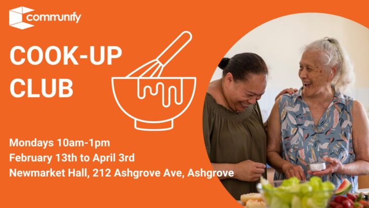 Two women are smiling while preparing food together. One woman, of Pacific Islander descent, is wearing a dark green top, while the other woman, of similar ethnicity, is dressed in a light-colored blouse. The image promotes a cooking event titled "Cook-Up," scheduled for April 3rd at 212 Ashgrove Ave, Ashgrove, from 11 AM to 1 PM.