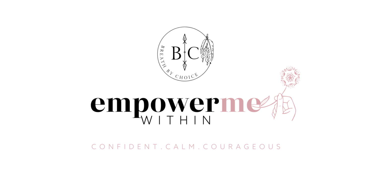 Logo design featuring the text "empower me within" in bold, stylized font. Below the main text, the words "CONFIDENT CALM COURAGEOUS" are prominently displayed. The design includes a circular emblem with the initials "BC" and decorative elements. The overall aesthetic conveys a message of empowerment and self-confidence.