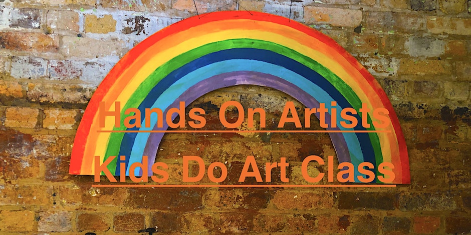 Colorful rainbow mural with the text "Hands On Artists Kids Do Art Class" displayed prominently. The mural features vibrant colors including red, orange, yellow, green, blue, and purple. The background is a textured wall, enhancing the artistic theme.