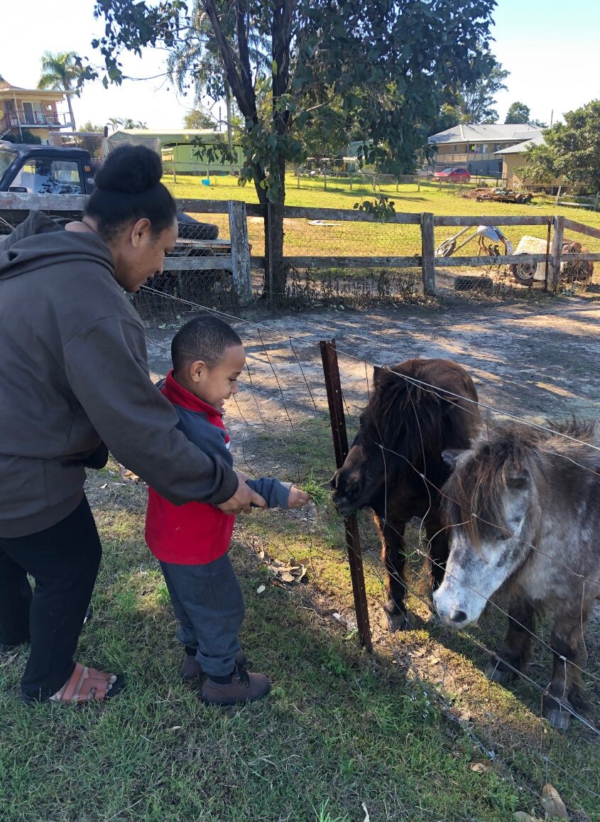 A woman of Hispanic descent in a dark hoodie interacts with a young boy, also Hispanic, who is wearing a red jacket. They are feeding small ponies through a fence on a farm. The boy appears curious and engaged.